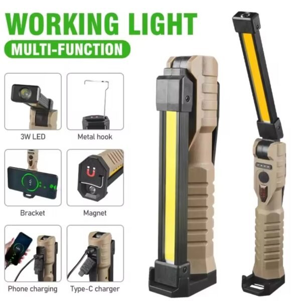 Lampe de poche LED COB rechargeable avec crochet de suspension et base magnétique